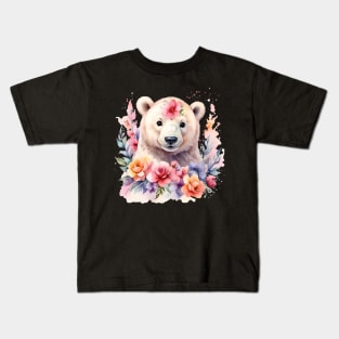 A polar bear decorated with beautiful watercolor flowers Kids T-Shirt